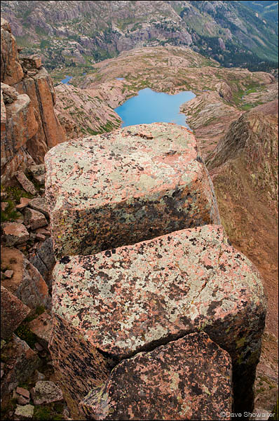 The vertical relief from Windom Peak's summit is very apparent in this view of an unnamed alpine lake, some 3,000 feet below....